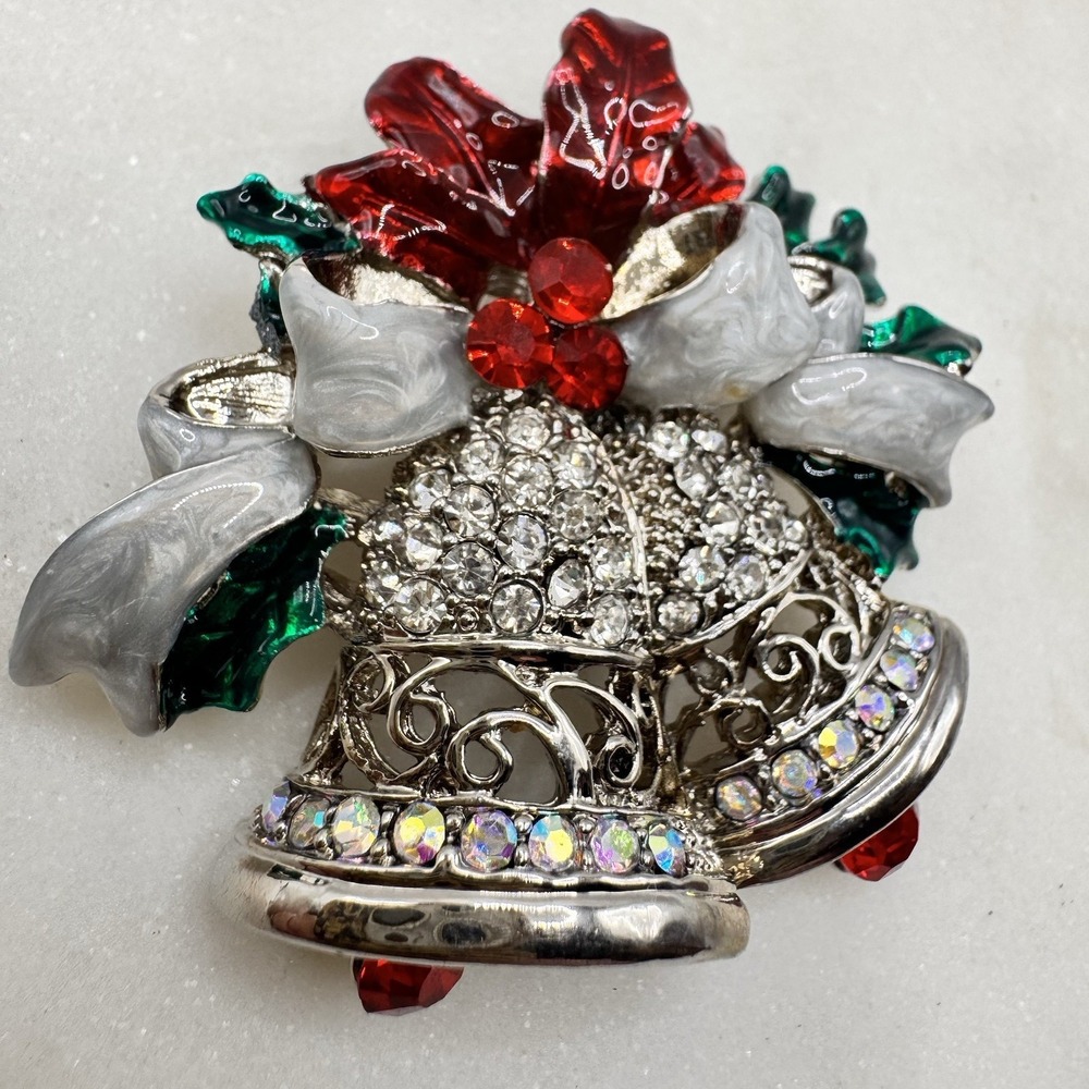 Vintage Christmas Bell Brooch Rhinestone Holly Holiday Pin‎ Red Green Enamel